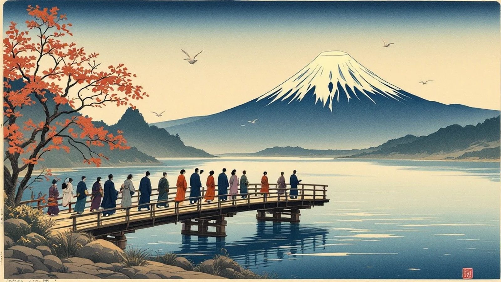 Grabado japonés ukiyo-e: figuras camino al monte Fuji